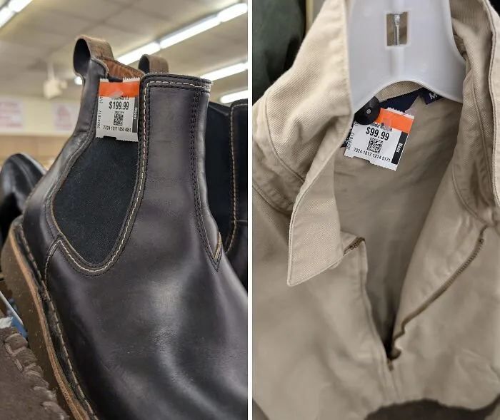 Black leather boots and beige jacket with high price tags displayed inside a thrift store showing ridiculous thrift store finds.