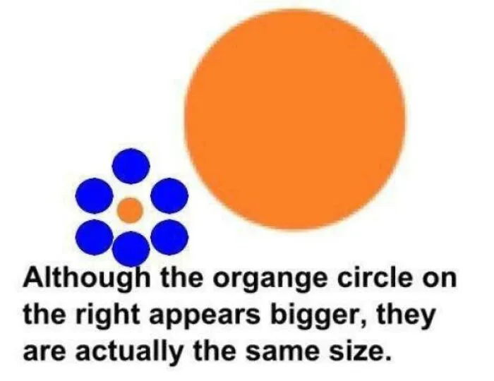 Illustration poking fun at internet lies with two circles appearing different but actually the same size, highlighting absurd visual deception.