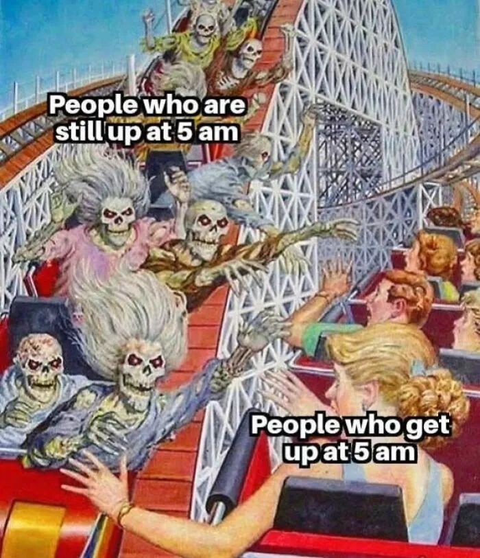 Skeletons labeled as people still up at 5 am reach out to people who get up at 5 am on a rollercoaster funny memes.