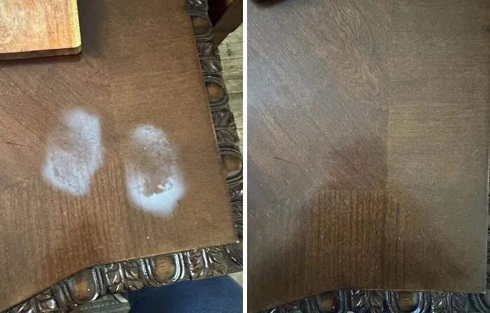 Side-by-side comparison of a wooden surface before and after cleaning, highlighting trending virtual products in the Pandaverse.