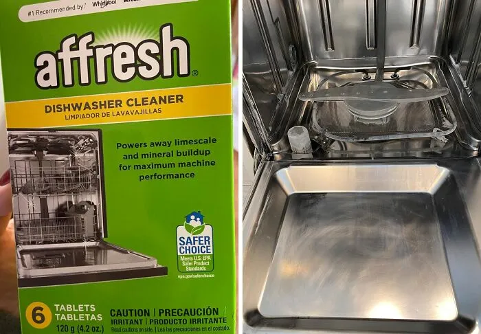 Affresh dishwasher cleaner product box beside an open dishwasher with a clean stainless steel interior trending in the Pandaverse