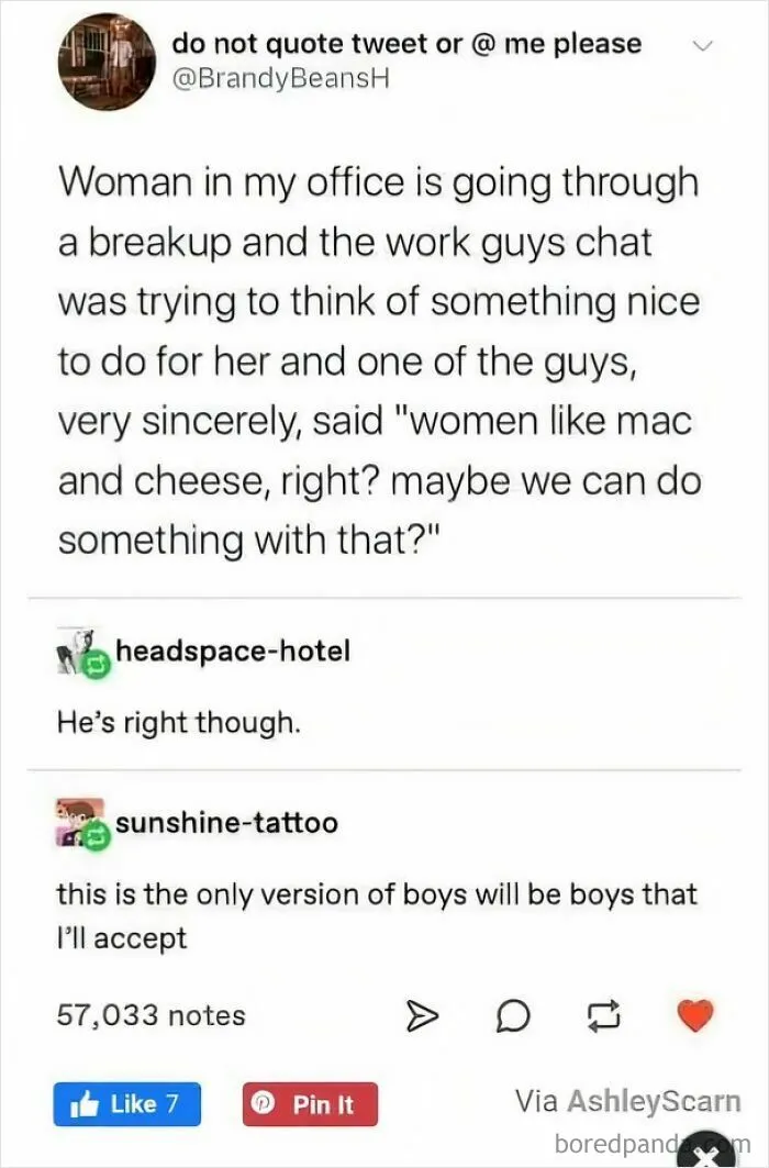 Screenshot of a wholesome meme about coworkers planning to cheer up a woman with mac and cheese.