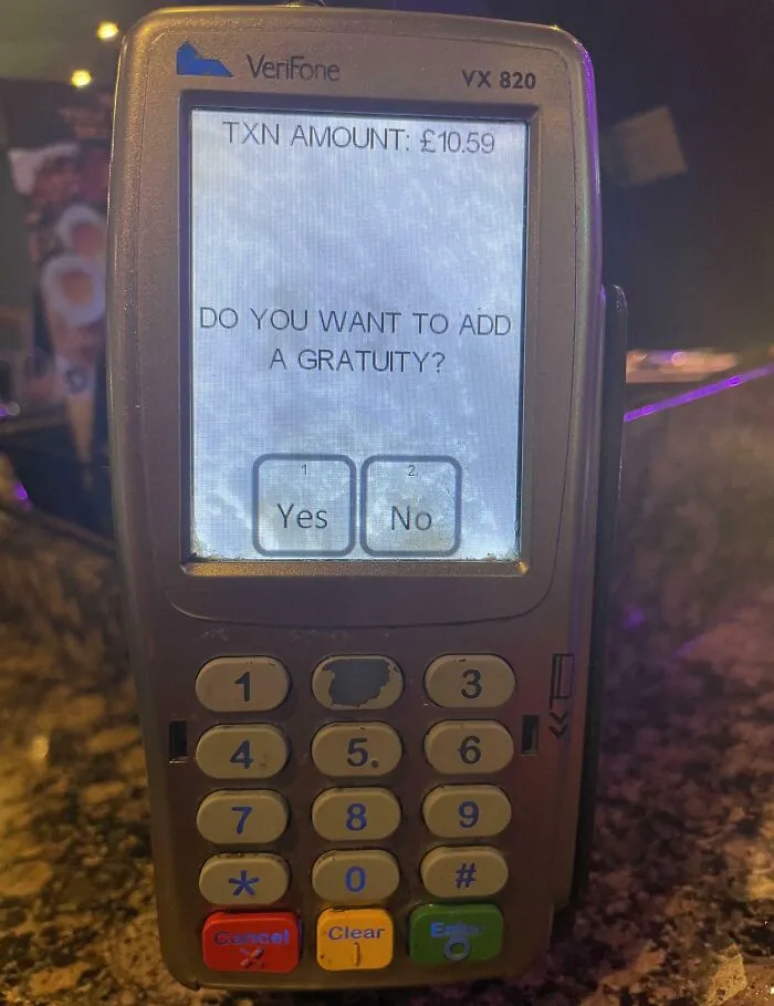 The No To Tips Button Has Been Aggressively Worn Down On This Pub’s Card Machine