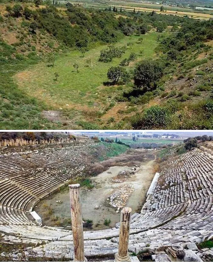 Antes y después de la excavación de un antiguo estadio griego en Turquía