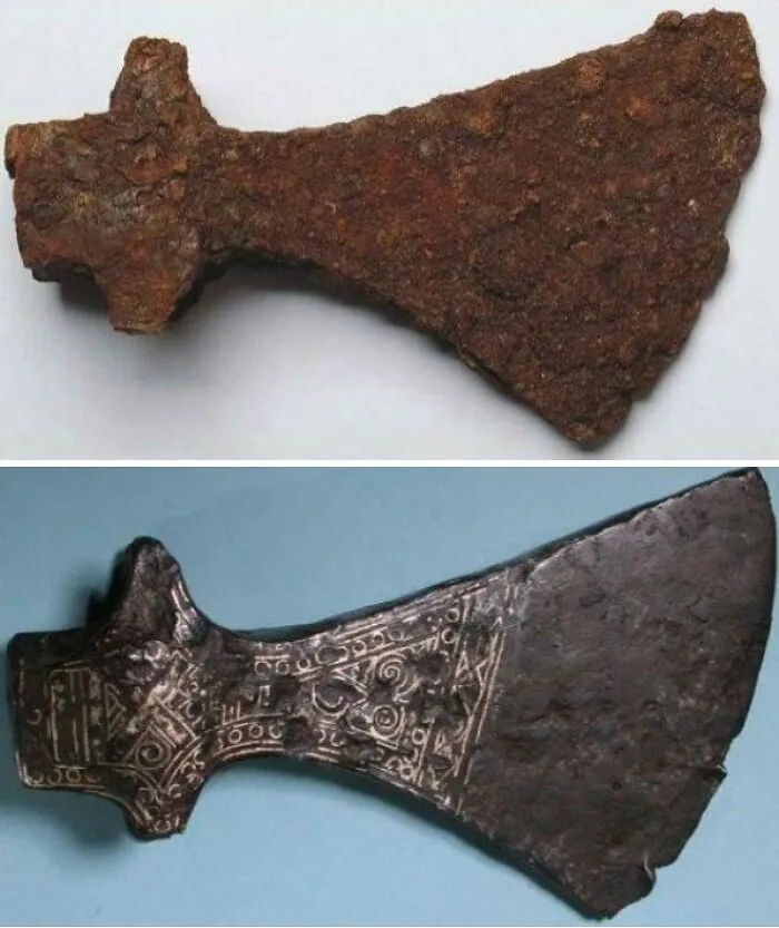 Hacha vikinga antes y después de la restauración