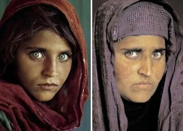 Side-by-side portraits of a young woman in a red scarf and the same woman years later wearing a purple head covering, illustrating history.