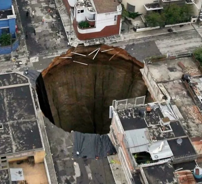Massive sinkhole in urban area captured as part of fascinating content with amazing and interesting facts on the internet.