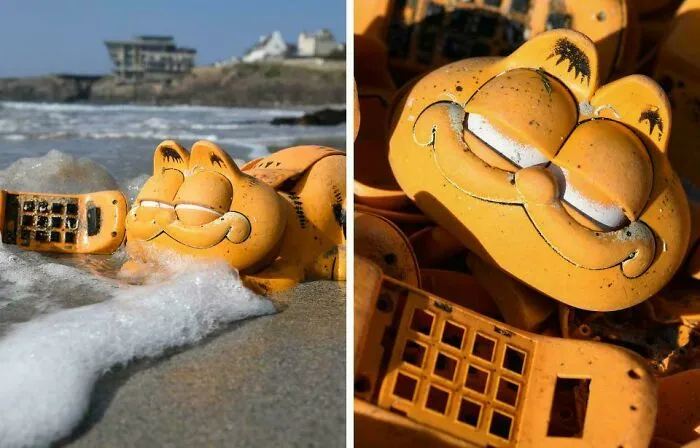 Close-up views of an orange figurine resembling a cartoon cat lying on the beach with waves and sand in the background.