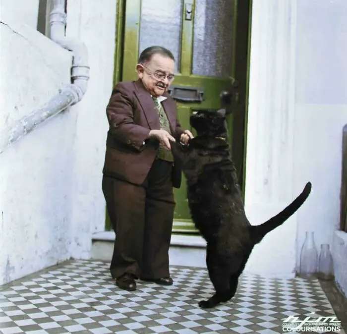 Henry Behrens, The Smallest Man In The World Dances With His Pet Cat In The Doorway Of His Worthing Home, 1956