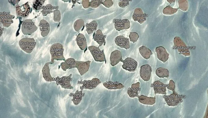 Satellite view of African countries with distorted shapes, showcasing unusual shenanigans captured on Google Maps.