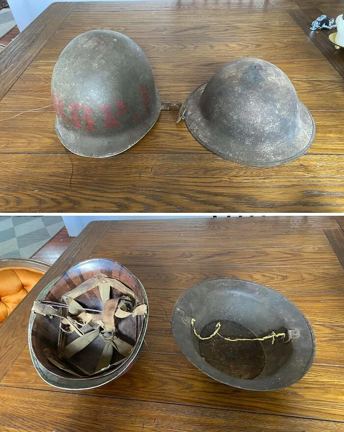 El casco de la Segunda Guerra Mundial de mi abuelo (izquierda) comparado con el casco de la Primera Guerra Mundial de mi bisabuelo