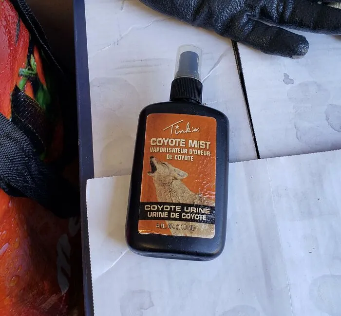 Bottle of coyote mist with coyote urine label found at thrift store alongside black glove and bags.