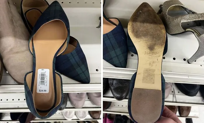 Plaid thrift store shoes priced at $24.99 with worn-out soles, highlighting ridiculous finds shared by people.