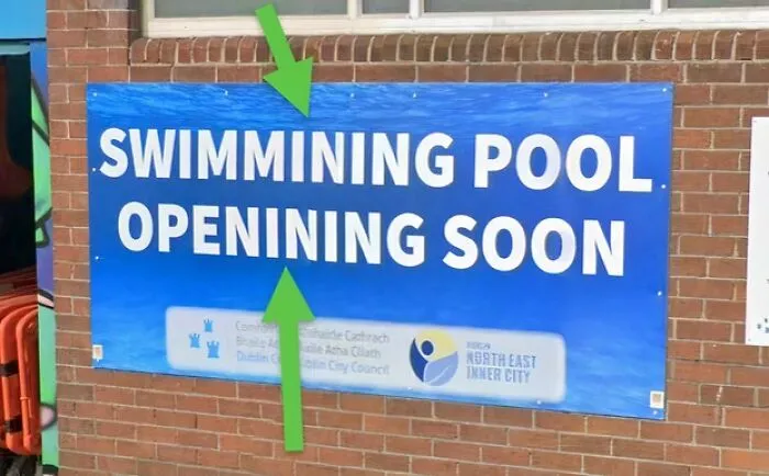 Sign with spelling errors on a swimming pool banner captured as a funny Google Maps shenanigans moment.