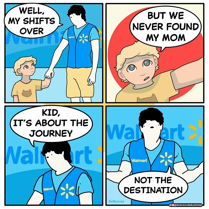 Dark and twisted comic by Miles Erickson showing a Walmart worker and child in a brutal yet funny dialogue.