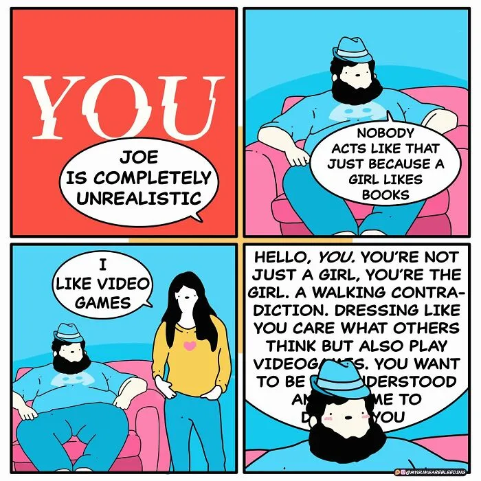 Comic panels by Miles Erickson with dark and twisted humor exploring contradictions in characters through brutal, funny dialogue.