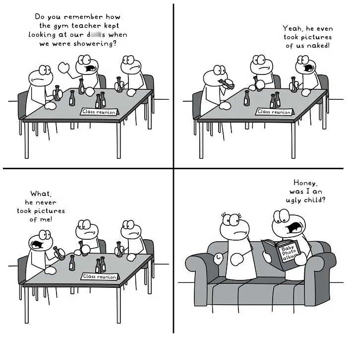 Black and white comic panels showing funny and relatable everyday life situations at a class reunion and home.