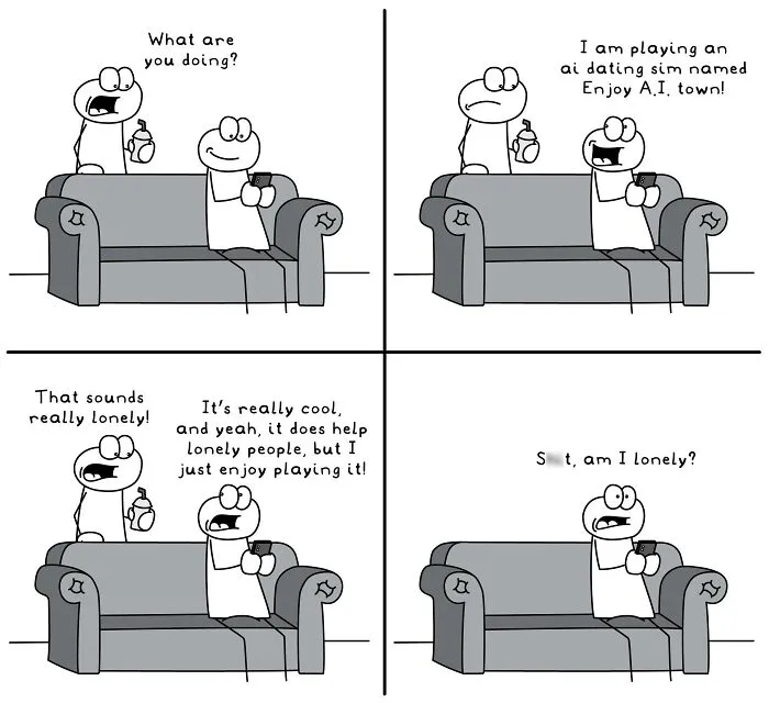 Funny and relatable comic shows characters discussing an AI dating sim in everyday life situations on a couch.