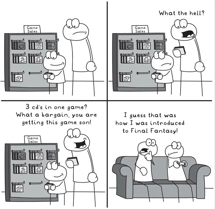 Comic strip illustrating funny and relatable everyday life situations about a father and son discussing video game sales and Final Fantasy.