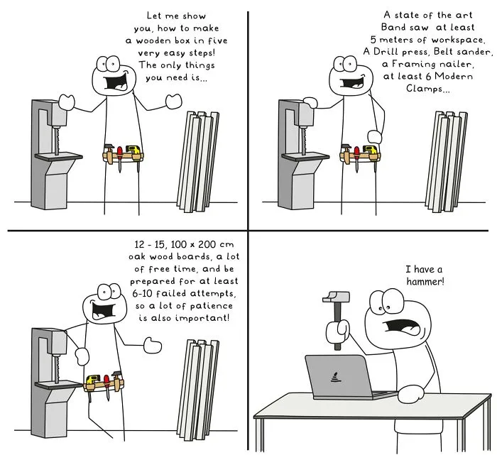 Funny and relatable comic illustrating a character humorously struggling with woodworking in everyday life situations.