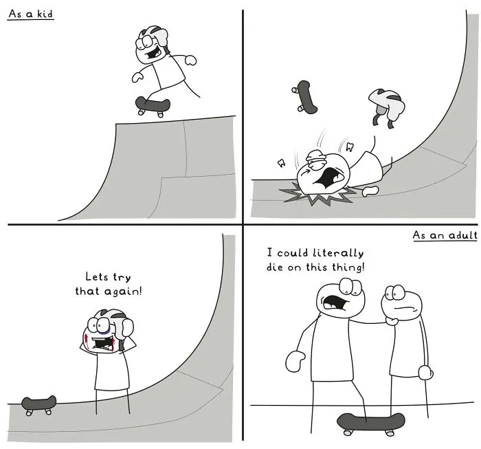 Funny and relatable comic illustrating random everyday life situations with skateboarding as a kid versus an adult.