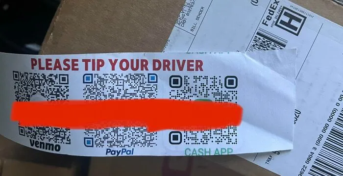 QR codes for tipping delivery driver via Venmo, PayPal, and Cash App, highlighting ridiculous tipping culture today.
