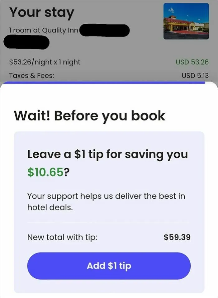 Screenshot of hotel booking prompt asking to leave a $1 tip for saving $10.65, highlighting ridiculous tipping culture.