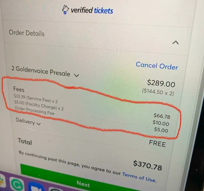 Verified tickets order details showing multiple ridiculous fees including service, facility, and processing charges totaling over sixty dollars.