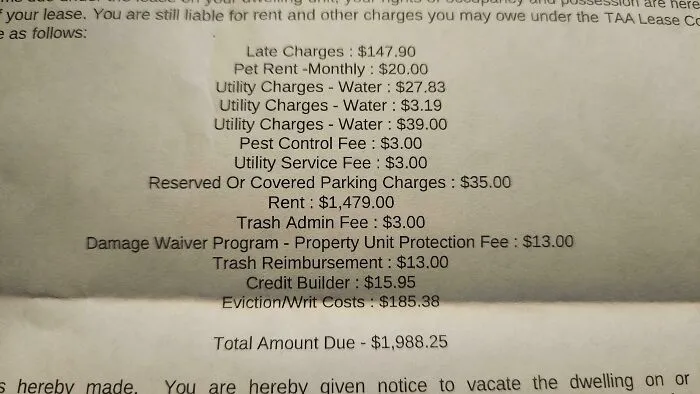 List of ridiculous fees on a rental statement including pest control, trash admin, and eviction costs totaling nearly $2,000.