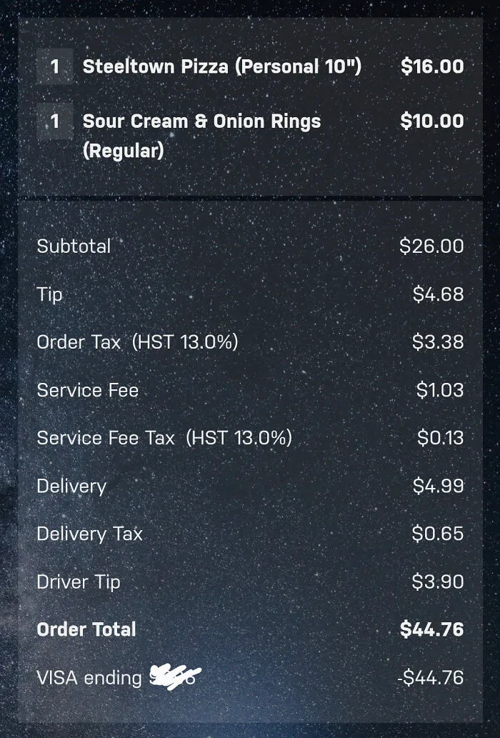 Receipt showing ridiculous fees including service fee, delivery fee, and multiple taxes on a pizza and onion rings order.