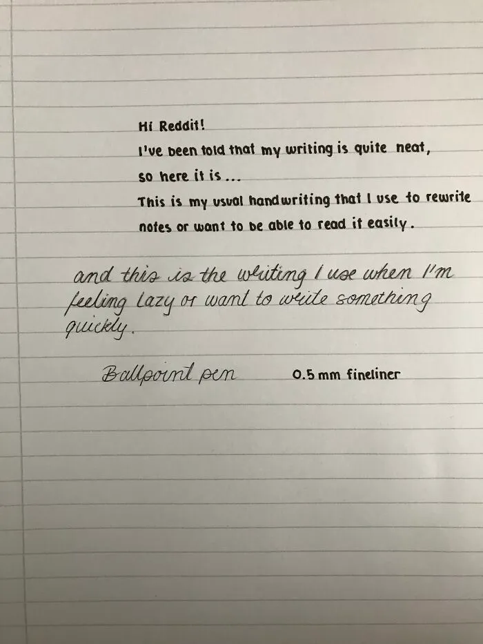 Neat handwriting examples showing contrast between usual neat writing and quick lazy cursive with ballpoint pen and fineliner.