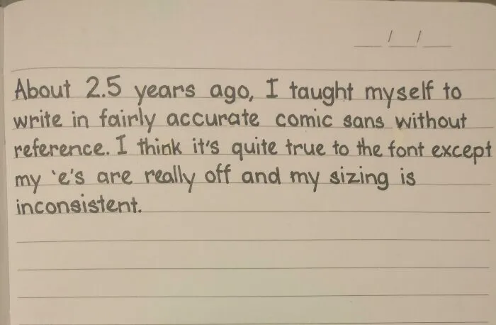 Handwriting example showing neat, comic sans style text written clearly on lined paper, perfect handwriting example.