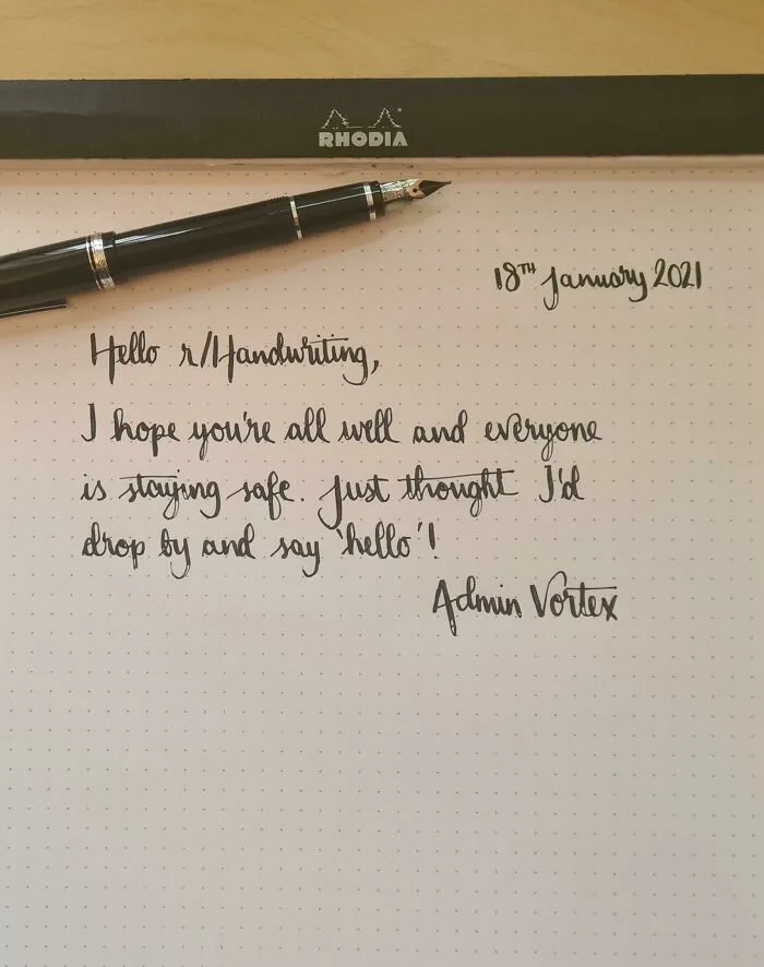 Fountain pen resting on Rhodia paper with perfect handwriting examples dated 18th January 2021.