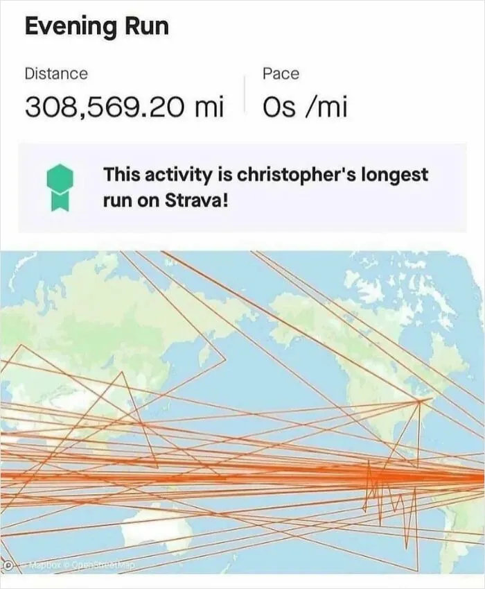 Map showing an absurdly long 308,569 mile run on Strava highlighting internet lies with hilariously exaggerated distance data.