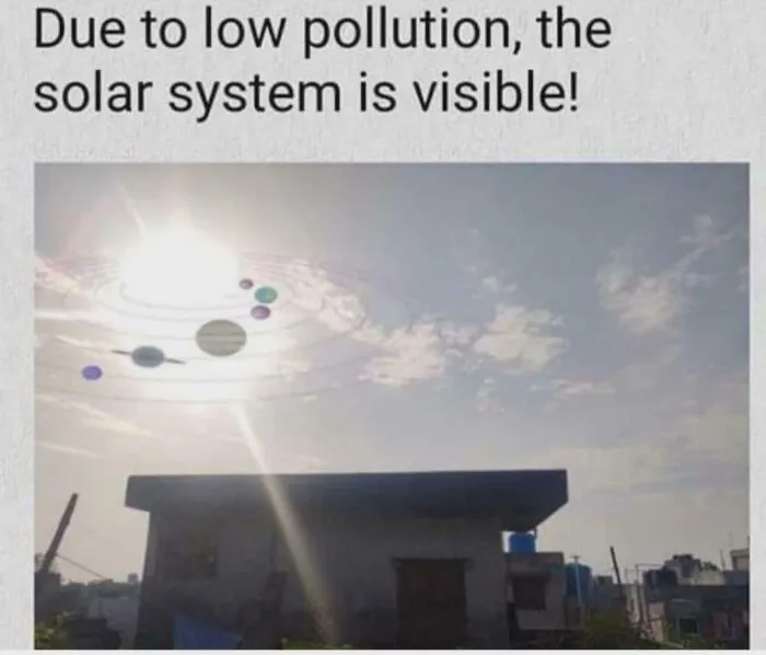 Sky view with low pollution showing a humorous solar system overlay as part of internet lies and absurd jokes.