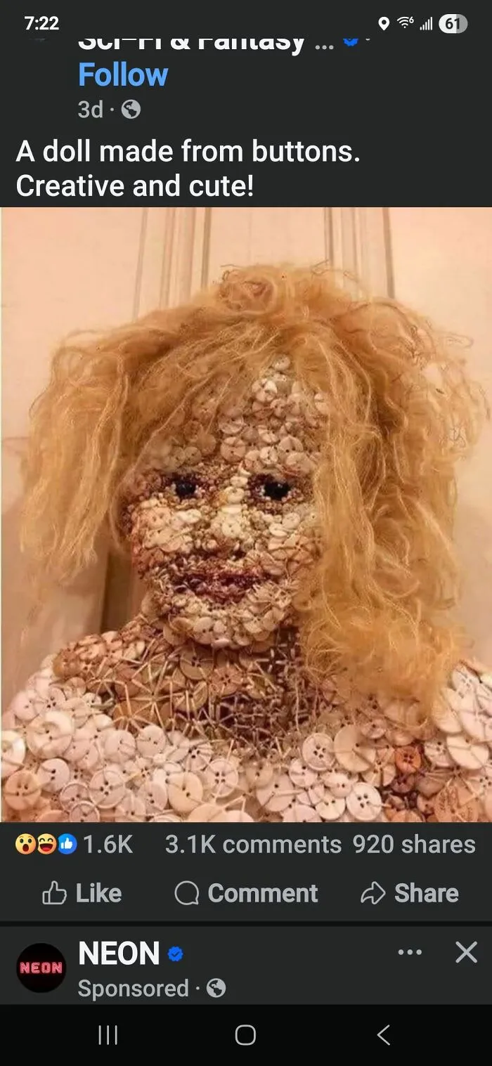Doll made entirely from buttons with messy hair, showcasing a creative but horrendous DIY craft project.