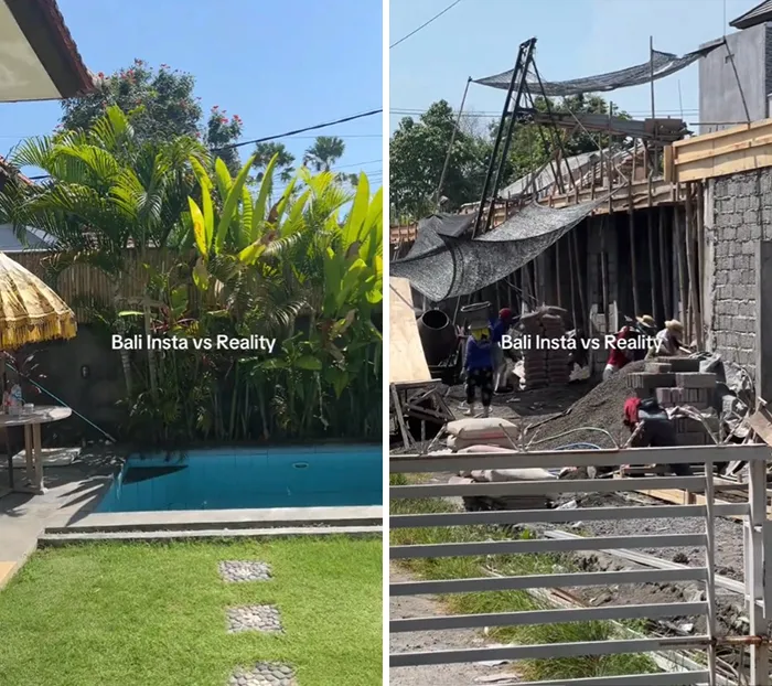 Side-by-side comparison of Bali travel moments showing Instagram vs reality scenes with a pool and a construction site
