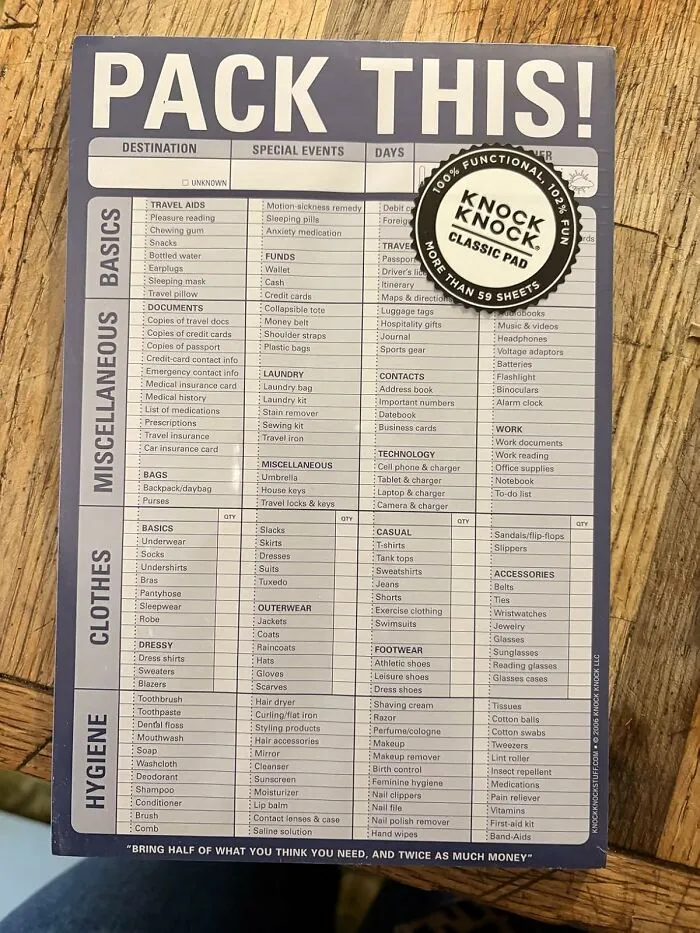 Those Old "Scribble On A Napkin" Packing Lists Just Got A Serious Glow-Up With This <a Style="Display:inline;" Href="Https://Www.amazon.com/Knock-Pack-This-Pad/Dp/1601061560?ie=utf8&th=1&linkcode=ll1&tag=bptapir-20&linkid=351bbd45c30f59e9a36736a118022957&language=en_us&ref_=as_li_ss_tl" Target="_blank"><span Style="Font: Inherit; Color: #d74b1f;"> Packing List Notepad </Span> That Actually Remembers All The Things You Forget