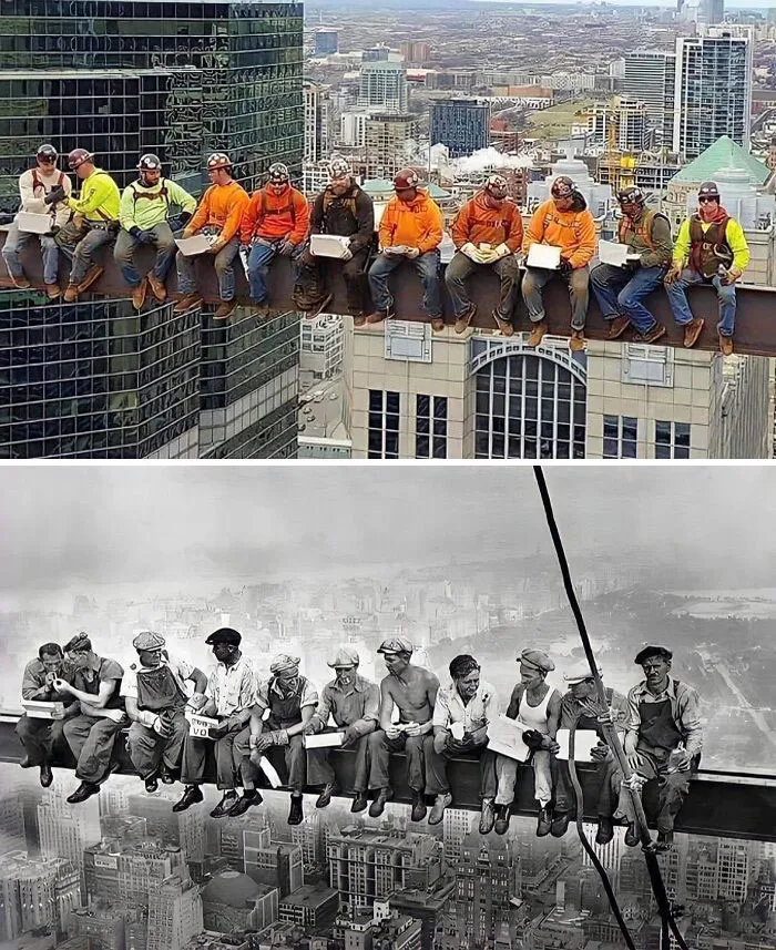 Trabajadores del hierro de Chicago recrean el icónico "Almuerzo en lo alto de un rascacielos". Foto tomada originalmente en 1932.