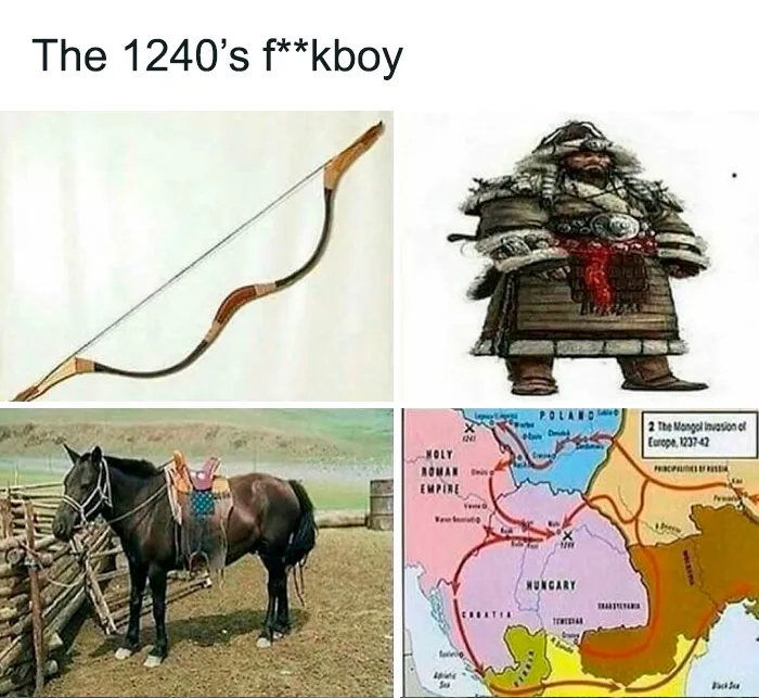 Medieval bow, warrior, horse, and map representing history memes about the Mongol invasions and past events.