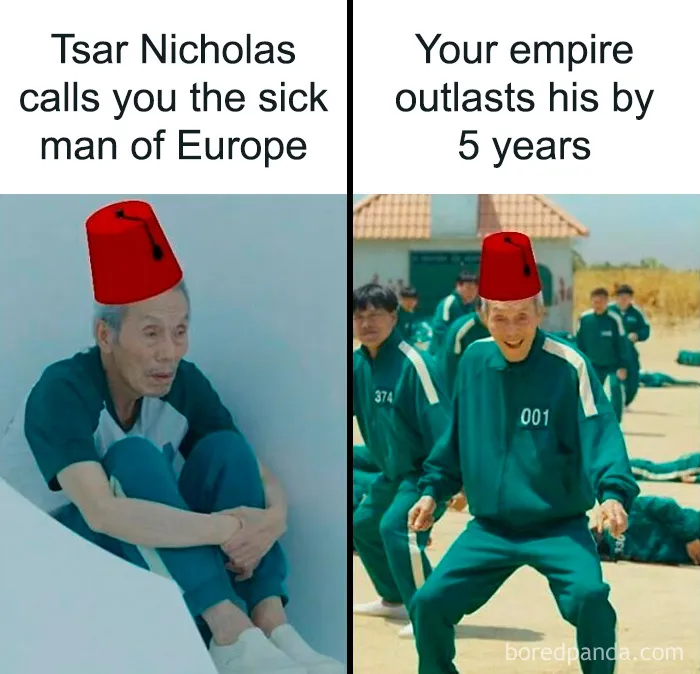 Man in teal tracksuit with a red fez hat looking sad and then confident, a humorous history meme about the past.