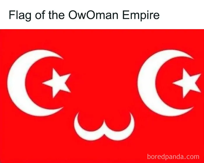 Red parody flag of the Ottoman Empire with crescent moons and stars forming a humorous face, history memes theme.