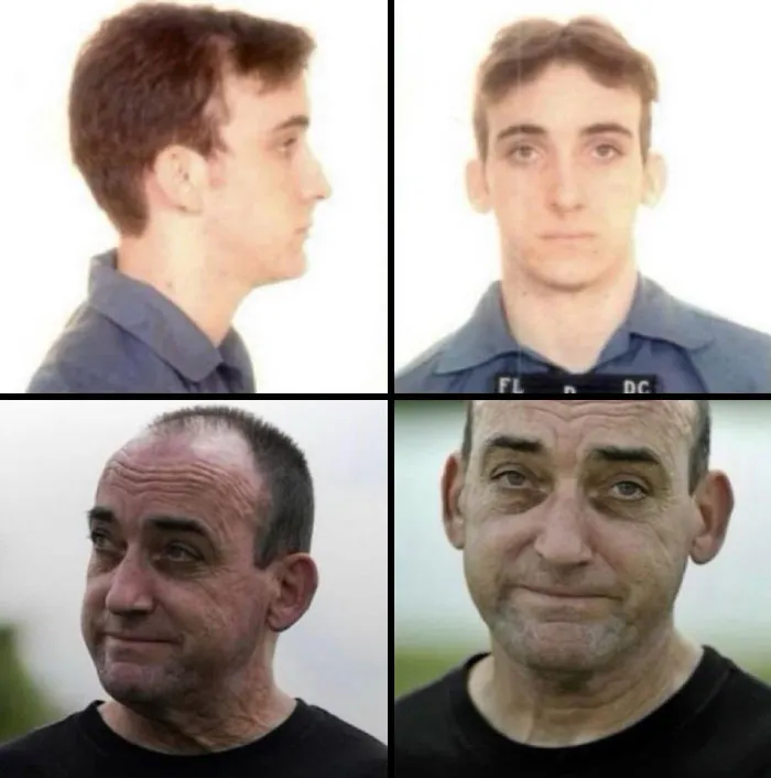 Before and after photos of a man showcasing fascinating aging transformation for amazing and interesting facts on the internet.