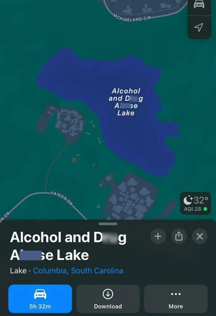 Google Maps screenshot showing a lake with a humorous and edited name capturing shenanigans online.