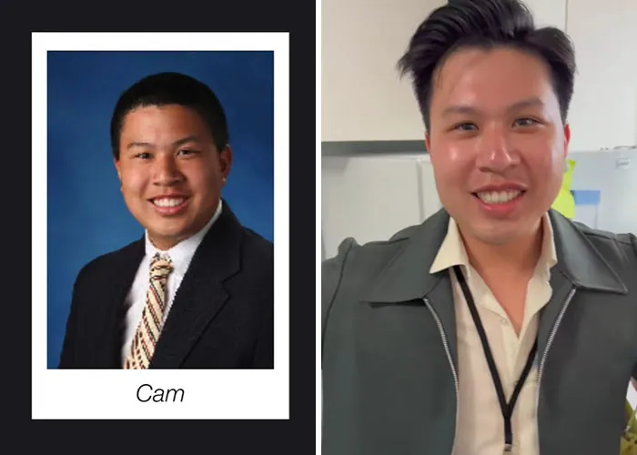 Side-by-side before and after pics showing how Cam changed since graduating 10 years ago in a portrait and casual setting.