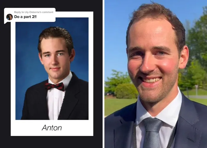 Side-by-side before and after pics showing how Anton changed since graduating 10 years ago in formal attire outdoors and indoors.
