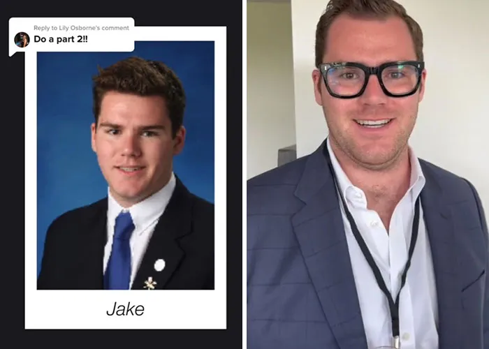 Side-by-side before and after pics showing how Jake changed or didn’t change since graduating 10 years ago