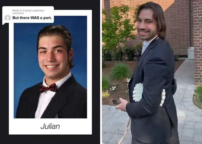 Before and after pics showing how Julian changed or didn’t change since graduating 10 years ago in formal attire.