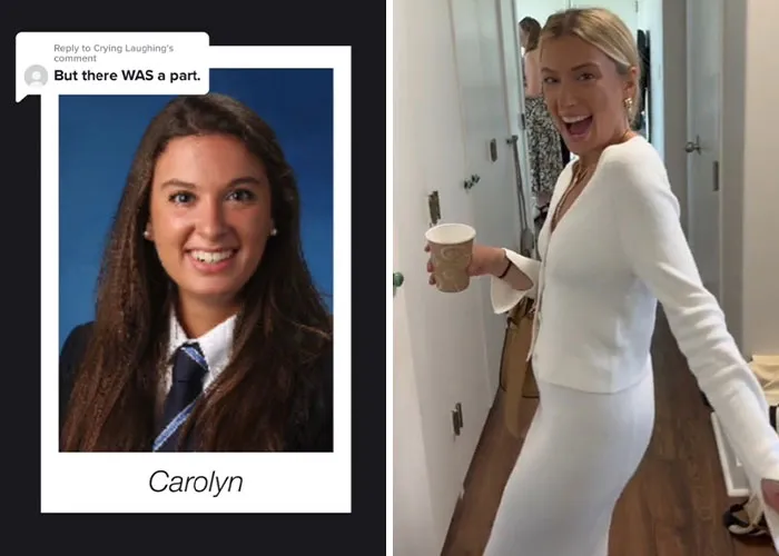 Side-by-side before and after pics showing how Carolyn changed or didn’t change since graduating 10 years ago