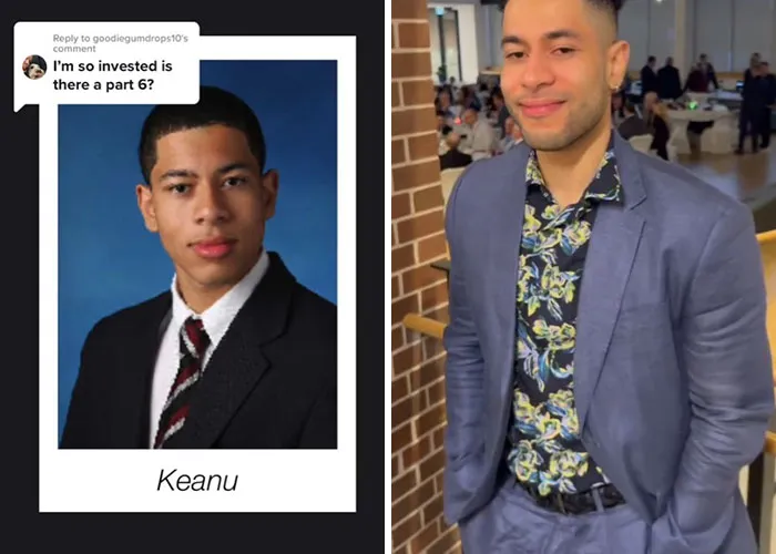 Side-by-side before and after pics showing how Keanu changed since graduating 10 years ago with outfit and hairstyle updates.